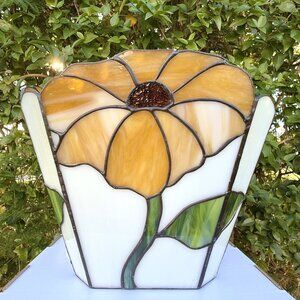 Vintage Stained Glass Sunflowers Flowers Floral Garden Trash Waste Basket Decor
